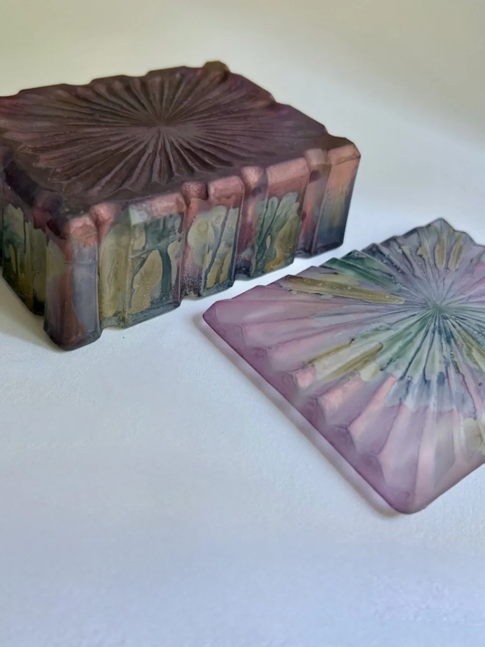 Colorful Sunburst Pattern Ribbed Glass Box, 1970's